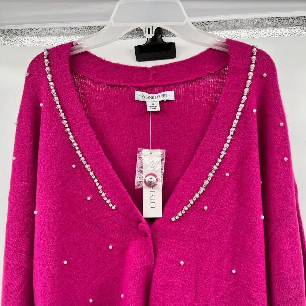 99 Jane Street Womens Knit Cardigan Pearls Button Up Fuchsia Size Small New